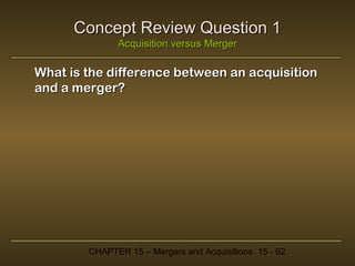 Concept Review Question 1
Acquisition versus Merger

What is the difference between an acquisition
and a merger?

CHAPTER 15 – Mergers and Acquisitions 15 - 62

 