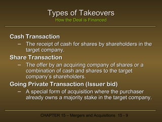 Types of Takeovers
How the Deal is Financed

Cash Transaction
– The receipt of cash for shares by shareholders in the
target company.

Share Transaction
– The offer by an acquiring company of shares or a
combination of cash and shares to the target
company’s shareholders.

Going Private Transaction (Issuer bid)
– A special form of acquisition where the purchaser
already owns a majority stake in the target company.
CHAPTER 15 – Mergers and Acquisitions 15 - 9

 