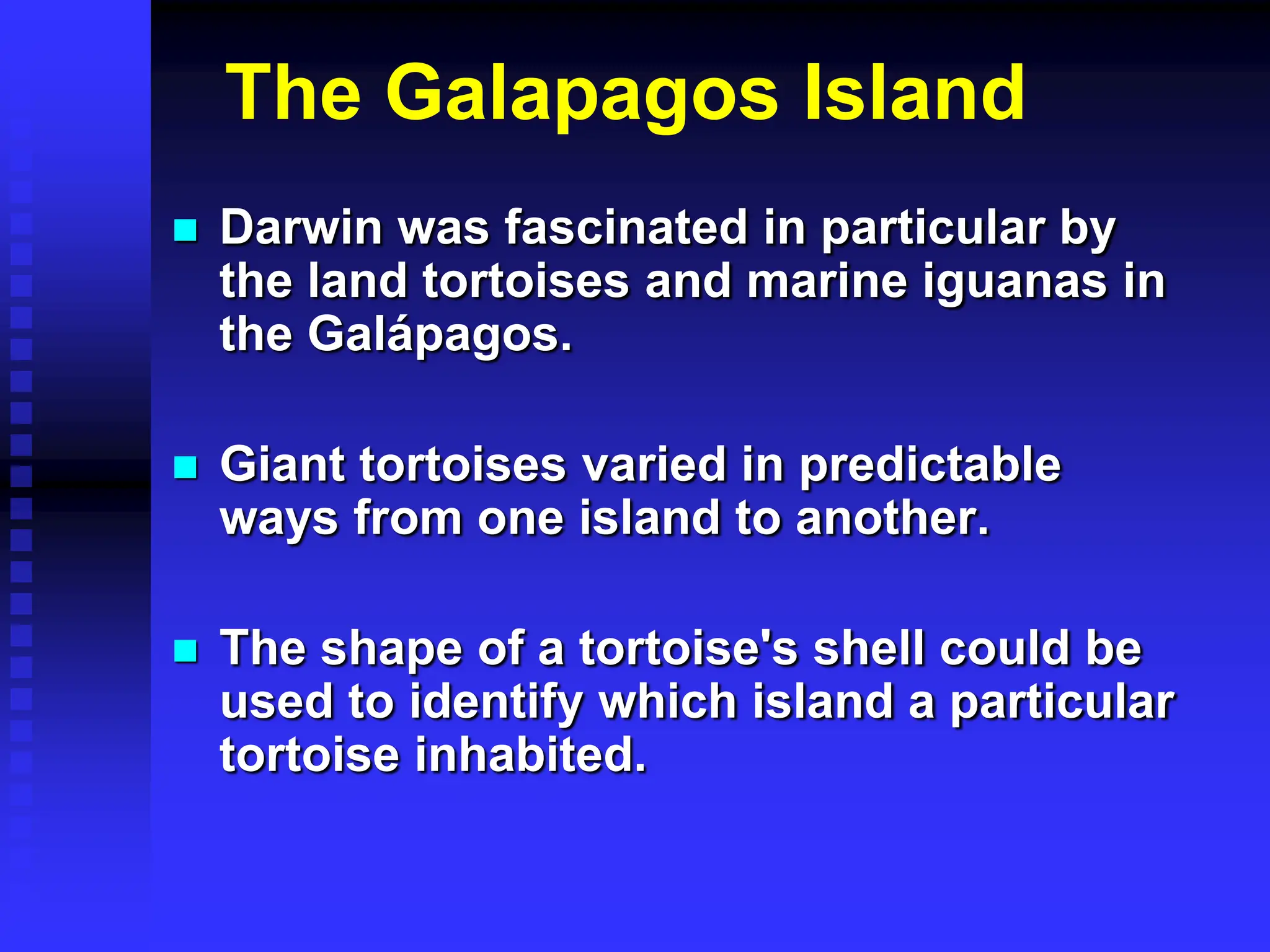 The Galapagos Island
 Darwin was fascinated in particular by
the land tortoises and marine iguanas in
the Galápagos.
 Giant tortoises varied in predictable
ways from one island to another.
 The shape of a tortoise's shell could be
used to identify which island a particular
tortoise inhabited.
 