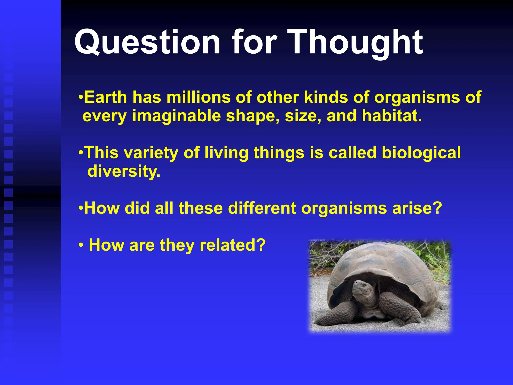 Question for Thought
•Earth has millions of other kinds of organisms of
every imaginable shape, size, and habitat.
•This variety of living things is called biological
diversity.
•How did all these different organisms arise?
• How are they related?
 