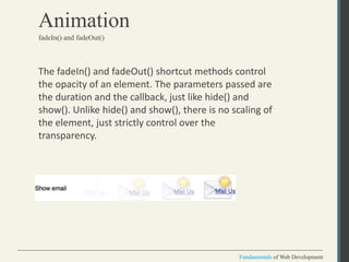 Fundamentals of Web Development
Fundamentals of Web Development
Animation
The fadeIn() and fadeOut() shortcut methods cont...
