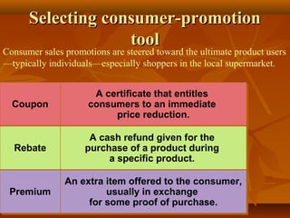 Selecting consumer-promotionSelecting consumer-promotion
tooltool
CouponCoupon
RebateRebate
PremiumPremium
A certificate that entitles
consumers to an immediate
price reduction.
A certificate that entitles
consumers to an immediate
price reduction.
A cash refund given for the
purchase of a product during
a specific product.
A cash refund given for the
purchase of a product during
a specific product.
An extra item offered to the consumer,
usually in exchange
for some proof of purchase.
An extra item offered to the consumer,
usually in exchange
for some proof of purchase.
Consumer sales promotions are steered toward the ultimate product users
—typically individuals—especially shoppers in the local supermarket.
 