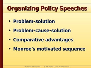 Organizing Policy Speeches Problem-solution Problem-cause-solution Comparative advantages Monroe’s motivated sequence 