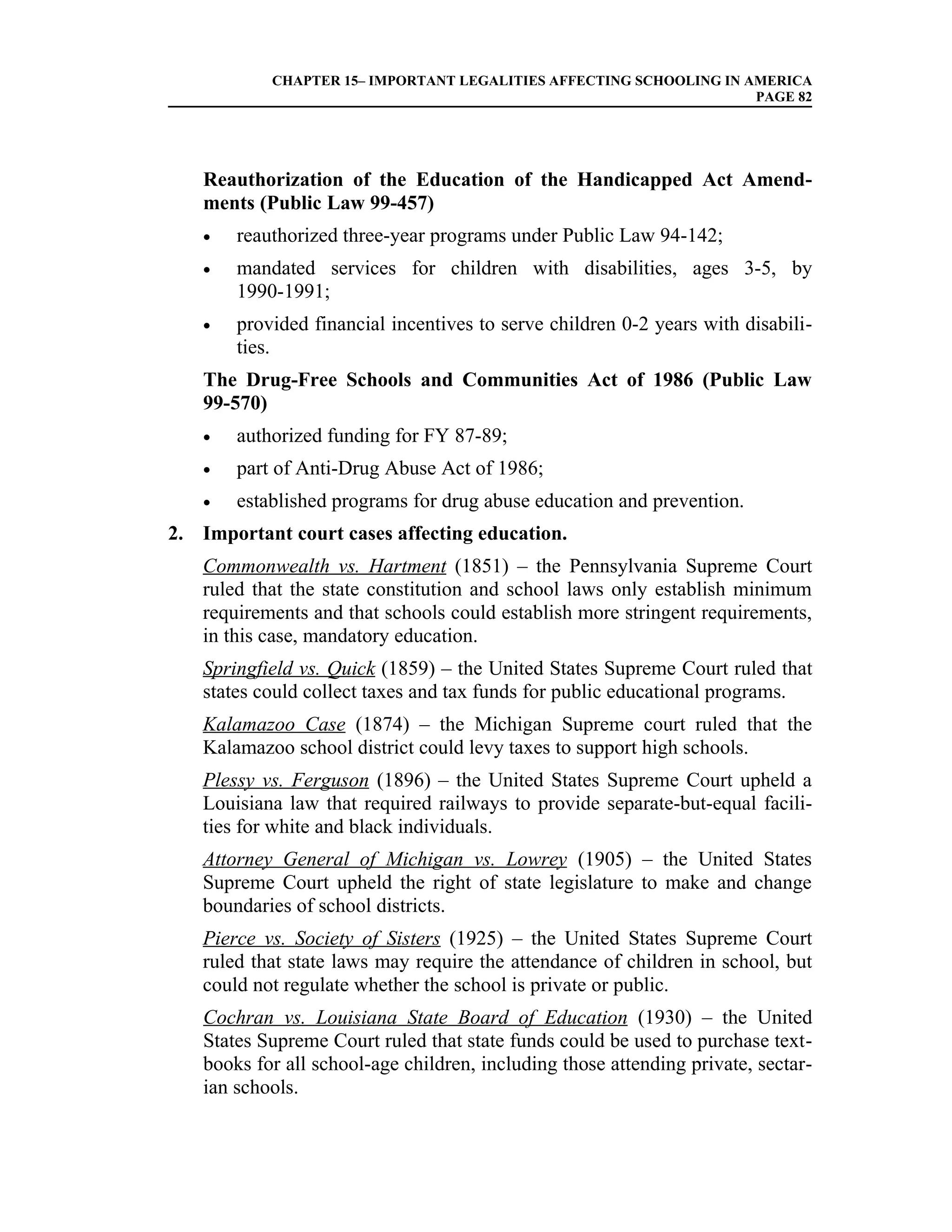 CHAPTER 15– IMPORTANT LEGALITIES AFFECTING SCHOOLING IN AMERICA
                                                                    PAGE 82




   Reauthorization of the Education of the Handicapped Act Amend-
   ments (Public Law 99-457)
   •   reauthorized three-year programs under Public Law 94-142;
   •   mandated services for children with disabilities, ages 3-5, by
       1990-1991;
   •   provided financial incentives to serve children 0-2 years with disabili-
       ties.
   The Drug-Free Schools and Communities Act of 1986 (Public Law
   99-570)
   •   authorized funding for FY 87-89;
   •   part of Anti-Drug Abuse Act of 1986;
   •   established programs for drug abuse education and prevention.
2. Important court cases affecting education.
   Commonwealth vs. Hartment (1851) – the Pennsylvania Supreme Court
   ruled that the state constitution and school laws only establish minimum
   requirements and that schools could establish more stringent requirements,
   in this case, mandatory education.
   Springfield vs. Quick (1859) – the United States Supreme Court ruled that
   states could collect taxes and tax funds for public educational programs.
   Kalamazoo Case (1874) – the Michigan Supreme court ruled that the
   Kalamazoo school district could levy taxes to support high schools.
   Plessy vs. Ferguson (1896) – the United States Supreme Court upheld a
   Louisiana law that required railways to provide separate-but-equal facili-
   ties for white and black individuals.
   Attorney General of Michigan vs. Lowrey (1905) – the United States
   Supreme Court upheld the right of state legislature to make and change
   boundaries of school districts.
   Pierce vs. Society of Sisters (1925) – the United States Supreme Court
   ruled that state laws may require the attendance of children in school, but
   could not regulate whether the school is private or public.
   Cochran vs. Louisiana State Board of Education (1930) – the United
   States Supreme Court ruled that state funds could be used to purchase text-
   books for all school-age children, including those attending private, sectar-
   ian schools.
 