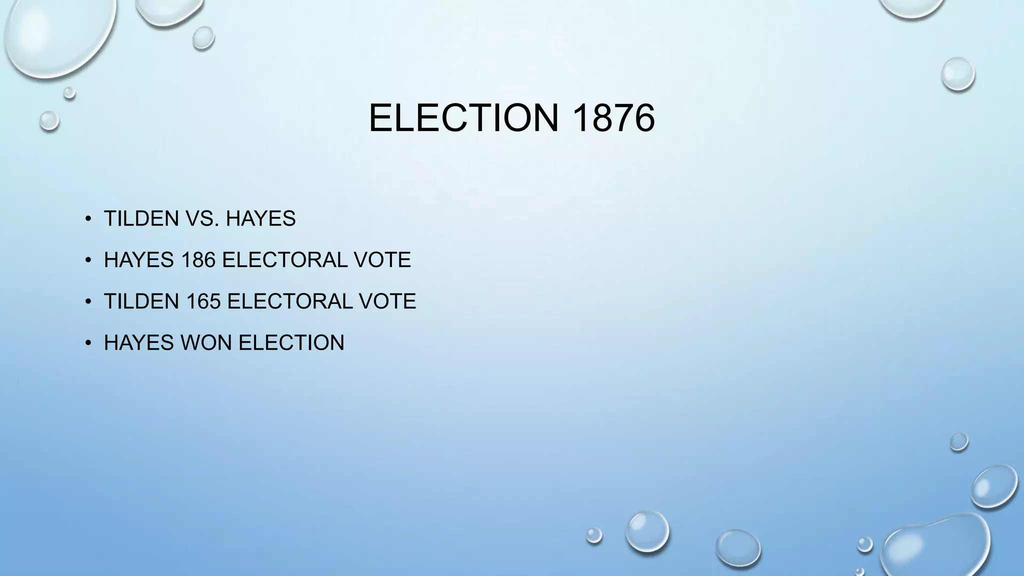 ELECTION 1876
• TILDEN VS. HAYES
• HAYES 186 ELECTORAL VOTE
• TILDEN 165 ELECTORAL VOTE
• HAYES WON ELECTION

 