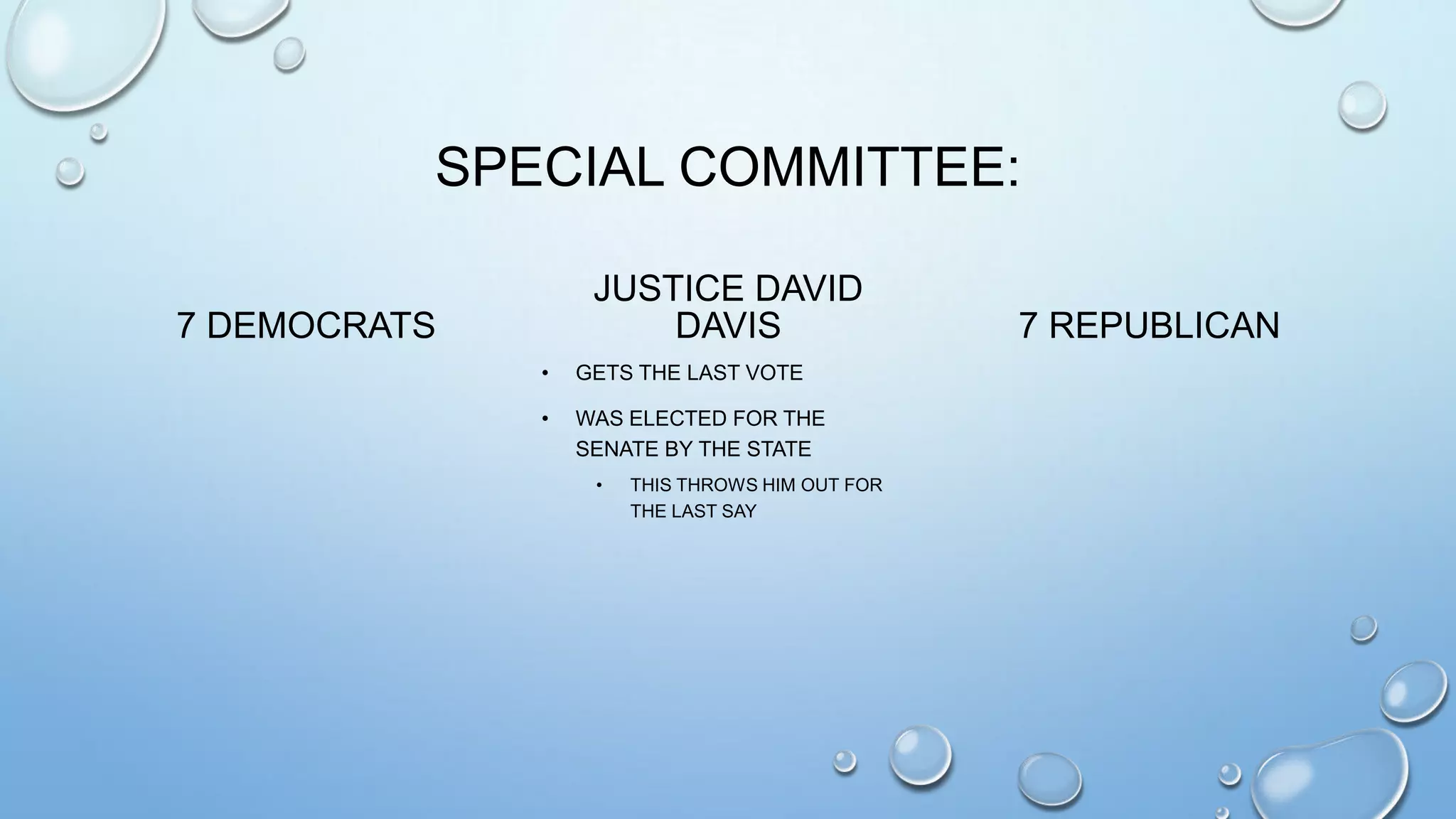 SPECIAL COMMITTEE:
JUSTICE DAVID
DAVIS

7 DEMOCRATS
•

GETS THE LAST VOTE

•

WAS ELECTED FOR THE
SENATE BY THE STATE
•

THIS THROWS HIM OUT FOR
THE LAST SAY

7 REPUBLICAN

 