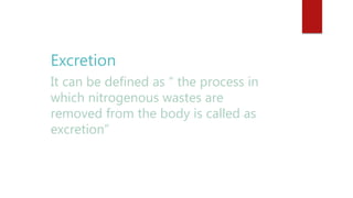 Excretion
It can be defined as “ the process in
which nitrogenous wastes are
removed from the body is called as
excretion”
 
