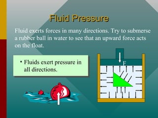 Fluid PressureFluid Pressure
Fluid exerts forces in many directions. Try to submerse
a rubber ball in water to see that an upward force acts
on the float.
• Fluids exert pressure in
all directions.
F
 