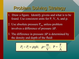Problem Solving StrategyProblem Solving Strategy
1. Draw a figure. Identify givens and what is to be1. Draw a figure. Identify givens and what is to be
found. Use consistent units for P, V, A, andfound. Use consistent units for P, V, A, and ρρ..
2.2. Use absolute pressure PUse absolute pressure Pabsabs unless problemunless problem
involves a difference of pressureinvolves a difference of pressure ∆∆P.P.
3.3. The difference in pressureThe difference in pressure ∆∆P is determined byP is determined by
the density and depth of the fluid:the density and depth of the fluid:
2 1
m F
; = ; P =
V A
P P ghρ ρ− =
 
