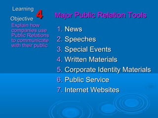 LearningLearning
ObjectiveObjective
Explain howExplain how
companies usecompanies use
Public RelationsPublic Relations
to communicateto communicate
with their publicwith their public
44
1.1. NewsNews
2.2. SpeechesSpeeches
3.3. Special EventsSpecial Events
4.4. Written MaterialsWritten Materials
5.5. Corporate Identity MaterialsCorporate Identity Materials
6.6. Public ServicePublic Service
7.7. Internet WebsitesInternet Websites
MajorMajor Public Relation ToolsPublic Relation Tools
 