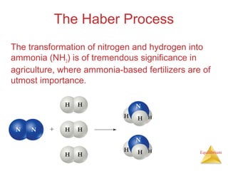 Equilibrium
The Haber Process
The transformation of nitrogen and hydrogen into
ammonia (NH3) is of tremendous significance in
agriculture, where ammonia-based fertilizers are of
utmost importance.
 