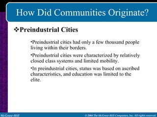 How Did Communities Originate? Preindustrial Cities Preindustrial cities had only a few thousand people living within their borders. Preindustrial cities were characterized by relatively closed class systems and limited mobility. In preindustrial cities, status was based on ascribed characteristics, and education was limited to the elite. 