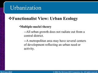 Urbanization Functionalist View: Urban Ecology Multiple-nuclei theory --All urban growth does not radiate out from a central district. --A metropolitan area may have several centers of development reflecting an urban need or activity. 
