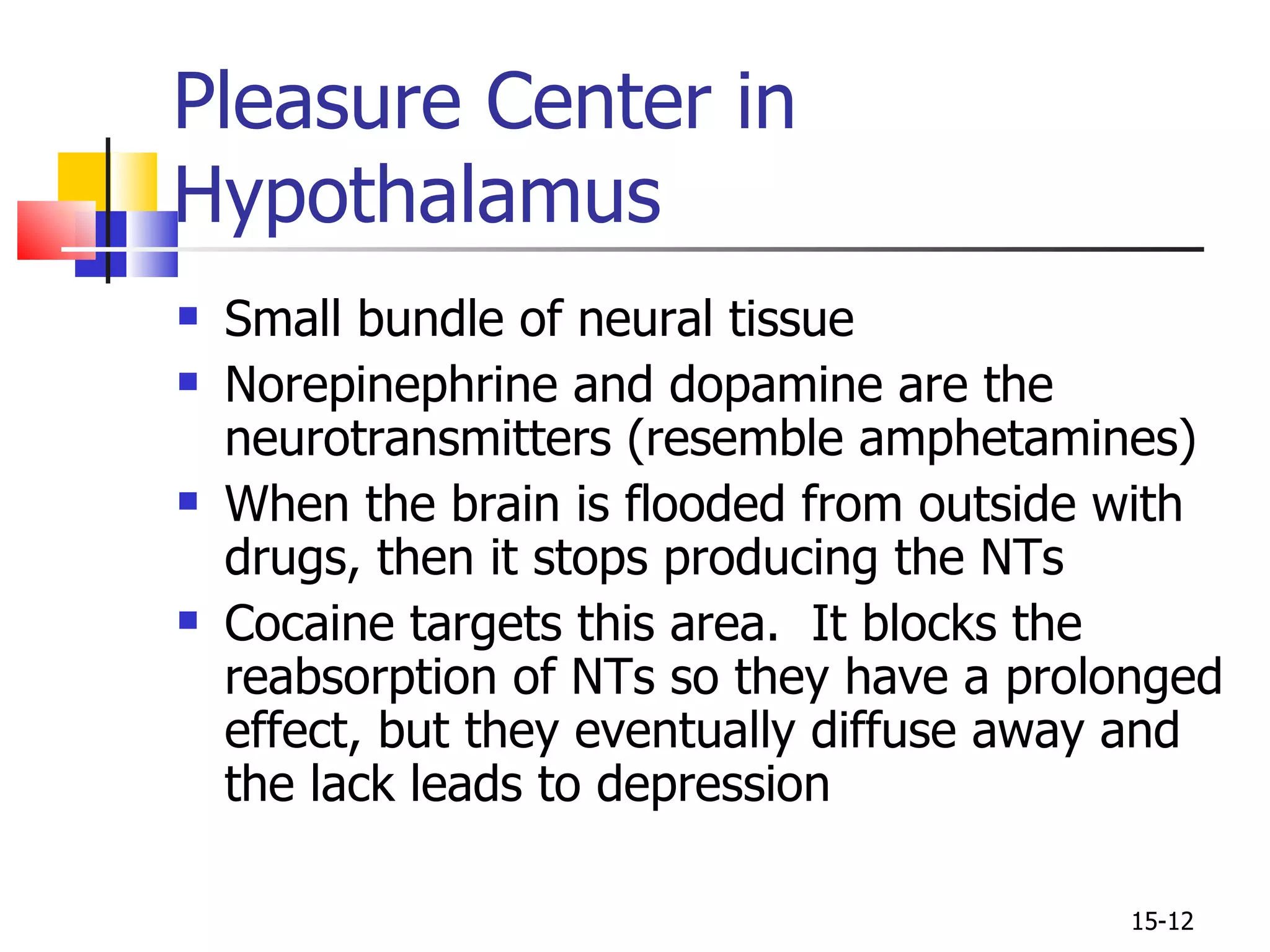 Pleasure Center in Hypothalamus Small bundle of neural tissue Norepinephrine and dopamine are the neurotransmitters (resemble amphetamines) When the brain is flooded from outside with drugs, then it stops producing the NTs Cocaine targets this area.  It blocks the reabsorption of NTs so they have a prolonged effect, but they eventually diffuse away and the lack leads to depression 15- 