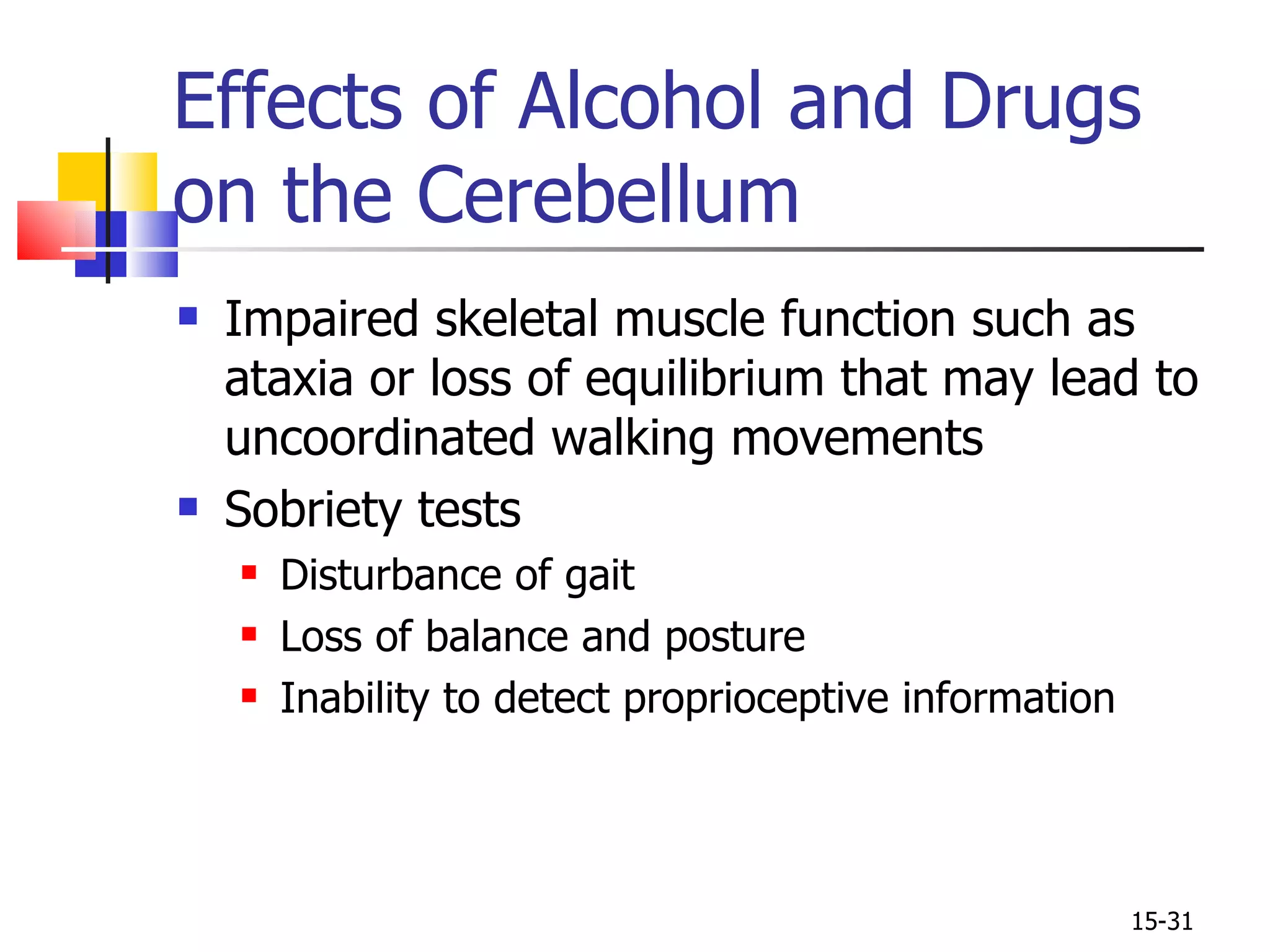 Impaired skeletal muscle function such as ataxia or loss of equilibrium that may lead to uncoordinated walking movements Sobriety tests Disturbance of gait Loss of balance and posture Inability to detect proprioceptive information Effects of Alcohol and Drugs on the Cerebellum 15- 