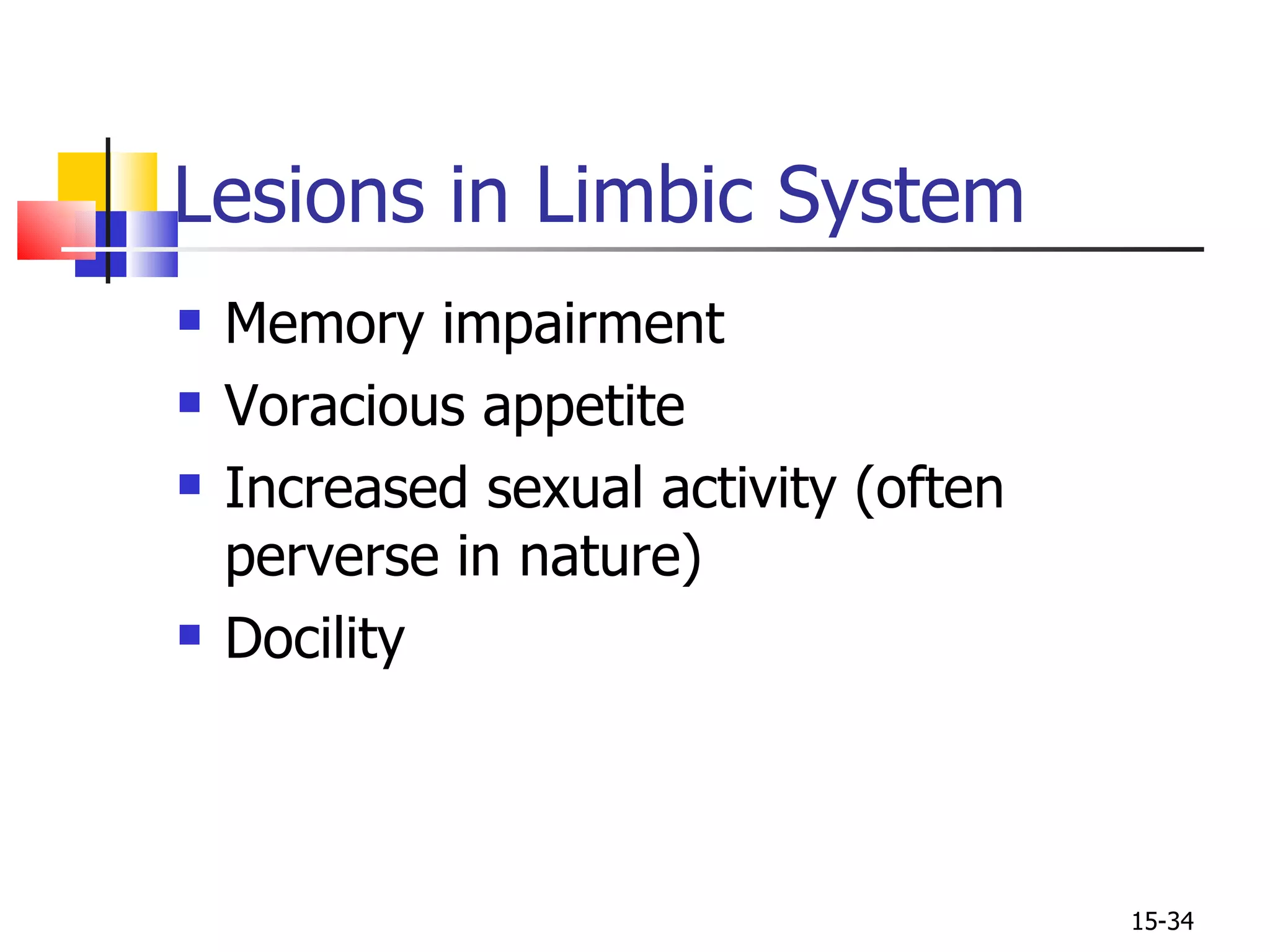 Lesions in Limbic System Memory impairment Voracious appetite Increased sexual activity (often perverse in nature) Docility 15- 