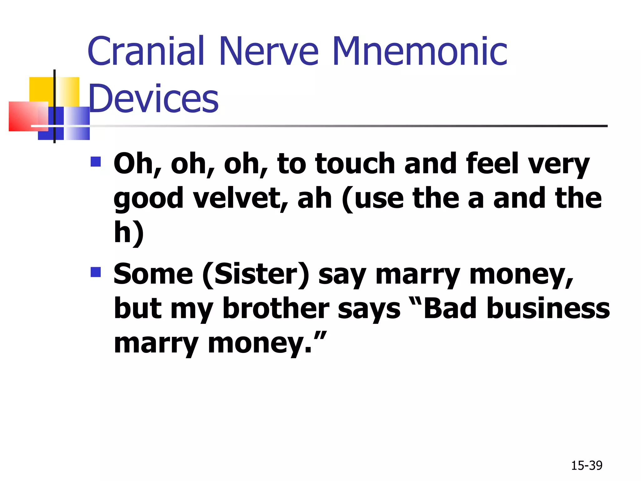 Cranial Nerve Mnemonic Devices Oh, oh, oh, to touch and feel very good velvet, ah (use the a and the h) Some (Sister) say marry money, but my brother says “Bad business marry money.” 15- 