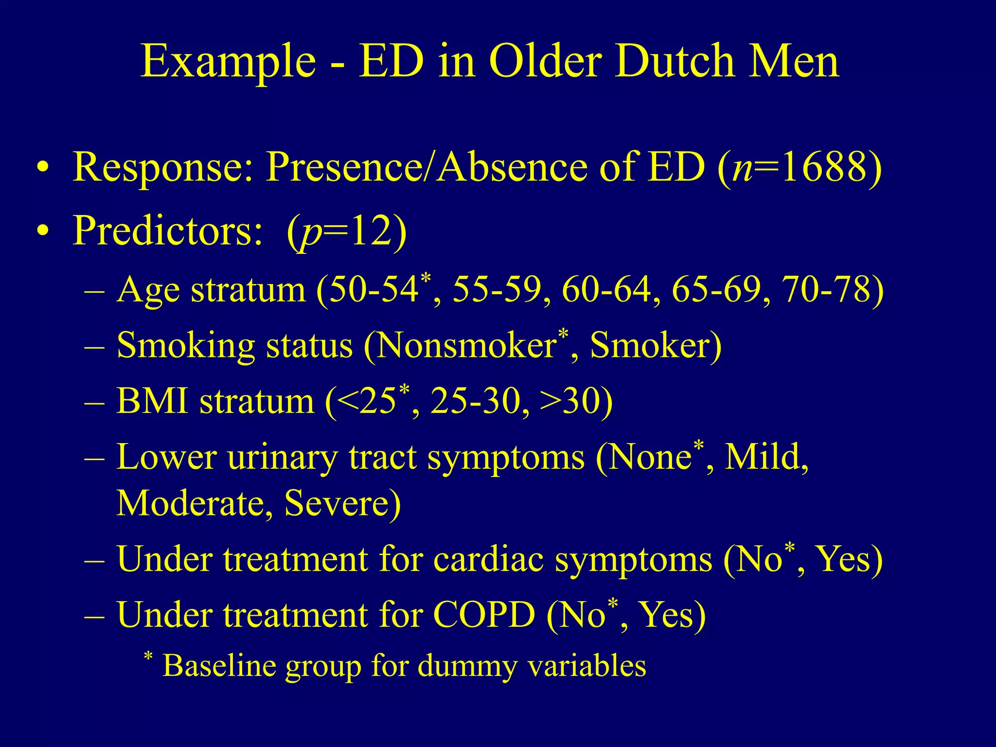 Example - ED in Older Dutch Men
• Response: Presence/Absence of ED (n=1688)
• Predictors: (p=12)
– Age stratum (50-54*, 55-59, 60-64, 65-69, 70-78)
– Smoking status (Nonsmoker*, Smoker)
– BMI stratum (<25*, 25-30, >30)
– Lower urinary tract symptoms (None*, Mild,
Moderate, Severe)
– Under treatment for cardiac symptoms (No*, Yes)
– Under treatment for COPD (No*, Yes)
* Baseline group for dummy variables
 