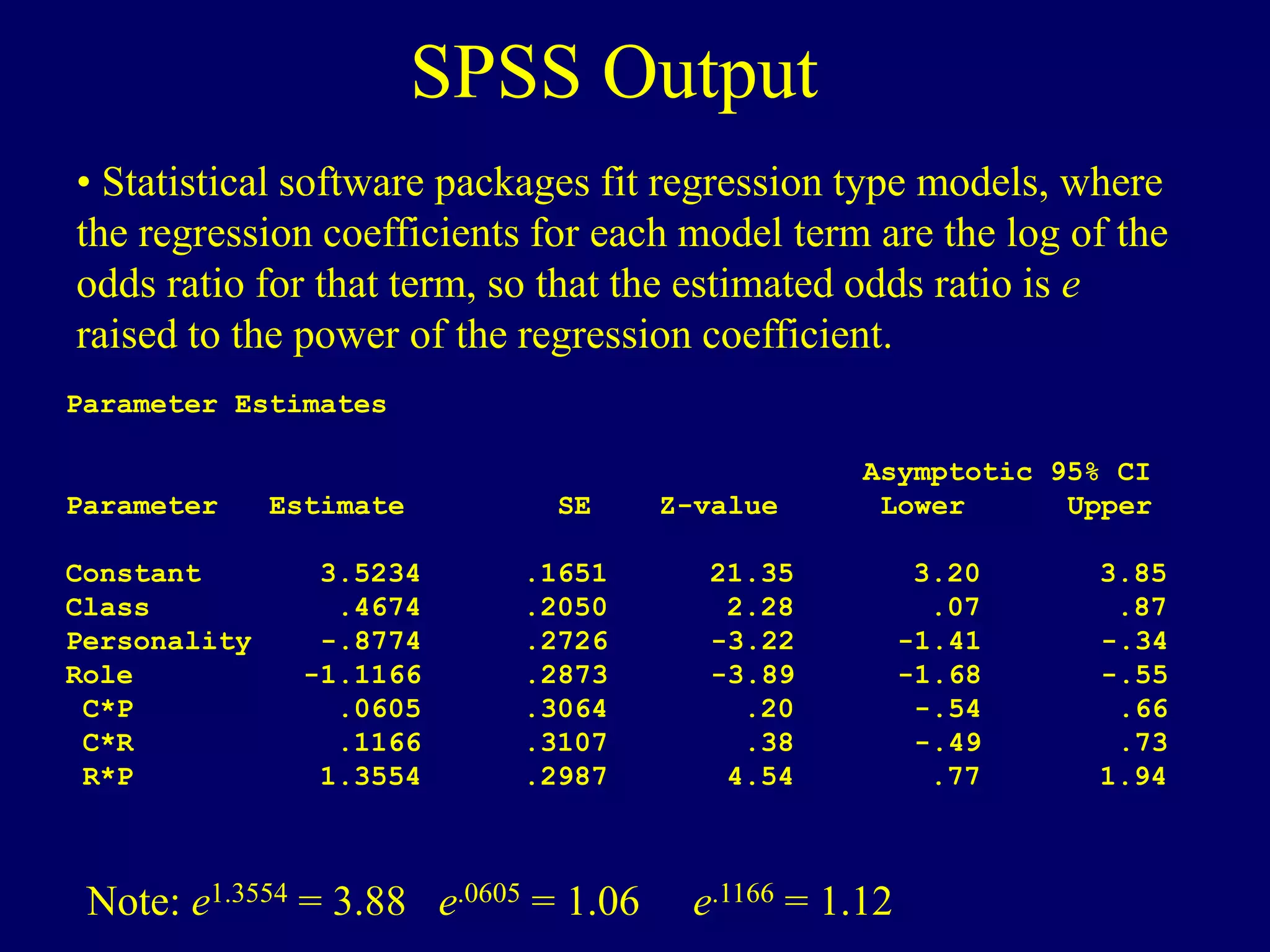 SPSS Output
• Statistical software packages fit regression type models, where
the regression coefficients for each model term are the log of the
odds ratio for that term, so that the estimated odds ratio is e
raised to the power of the regression coefficient.
Note: e1.3554 = 3.88 e.0605 = 1.06 e.1166 = 1.12
Parameter Estimates
Asymptotic 95% CI
Parameter Estimate SE Z-value Lower Upper
Constant 3.5234 .1651 21.35 3.20 3.85
Class .4674 .2050 2.28 .07 .87
Personality -.8774 .2726 -3.22 -1.41 -.34
Role -1.1166 .2873 -3.89 -1.68 -.55
C*P .0605 .3064 .20 -.54 .66
C*R .1166 .3107 .38 -.49 .73
R*P 1.3554 .2987 4.54 .77 1.94
 