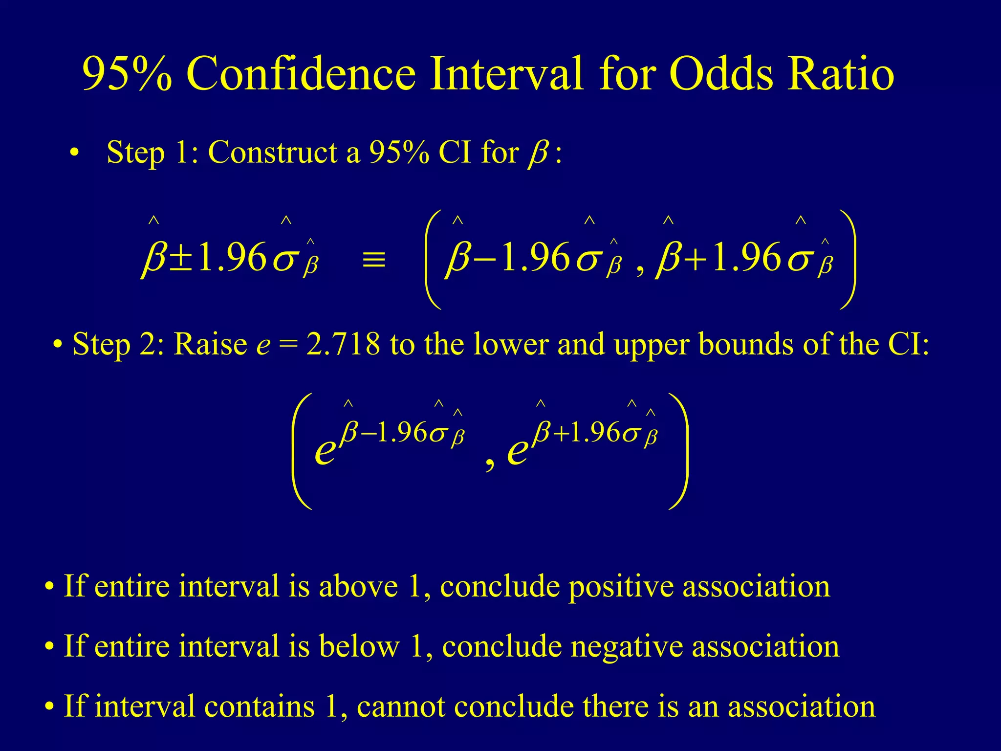 95% Confidence Interval for Odds Ratio
• Step 1: Construct a 95% CI for  :









 ^
^
^
^
^
^
^
^
^
96
.
1
,
96
.
1
96
.
1 

 





• Step 2: Raise e = 2.718 to the lower and upper bounds of the CI:





 

^
^
^
^
^
^
96
.
1
96
.
1
, 
 



e
e
• If entire interval is above 1, conclude positive association
• If entire interval is below 1, conclude negative association
• If interval contains 1, cannot conclude there is an association
 