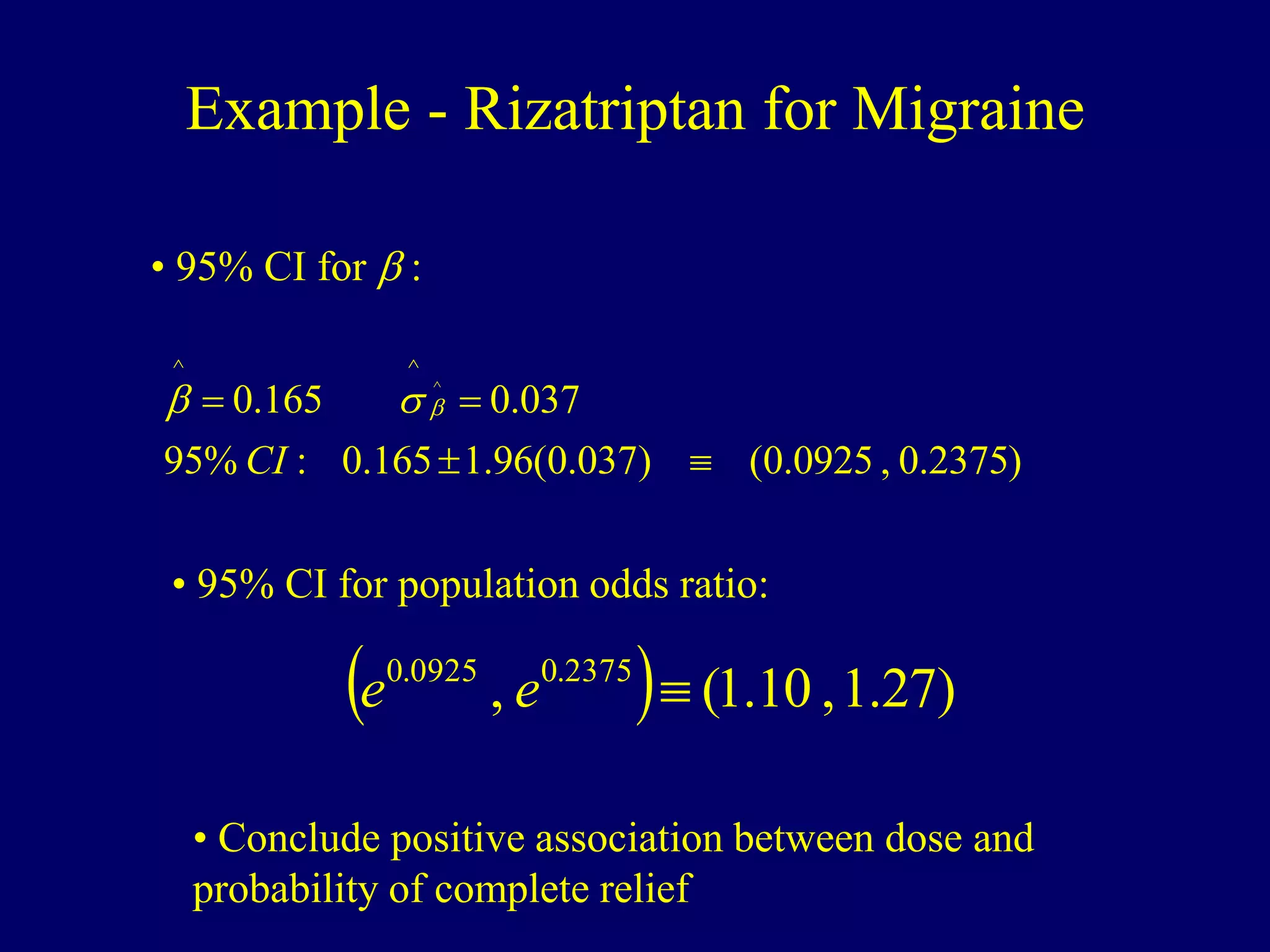 Example - Rizatriptan for Migraine
)
2375
.
0
,
0925
.
0
(
)
037
.
0
(
96
.
1
165
.
0
:
%
95
037
.
0
165
.
0 ^
^
^




CI



• 95% CI for  :
• 95% CI for population odds ratio:
  )
27
.
1
,
10
.
1
(
, 2375
.
0
0925
.
0

e
e
• Conclude positive association between dose and
probability of complete relief
 