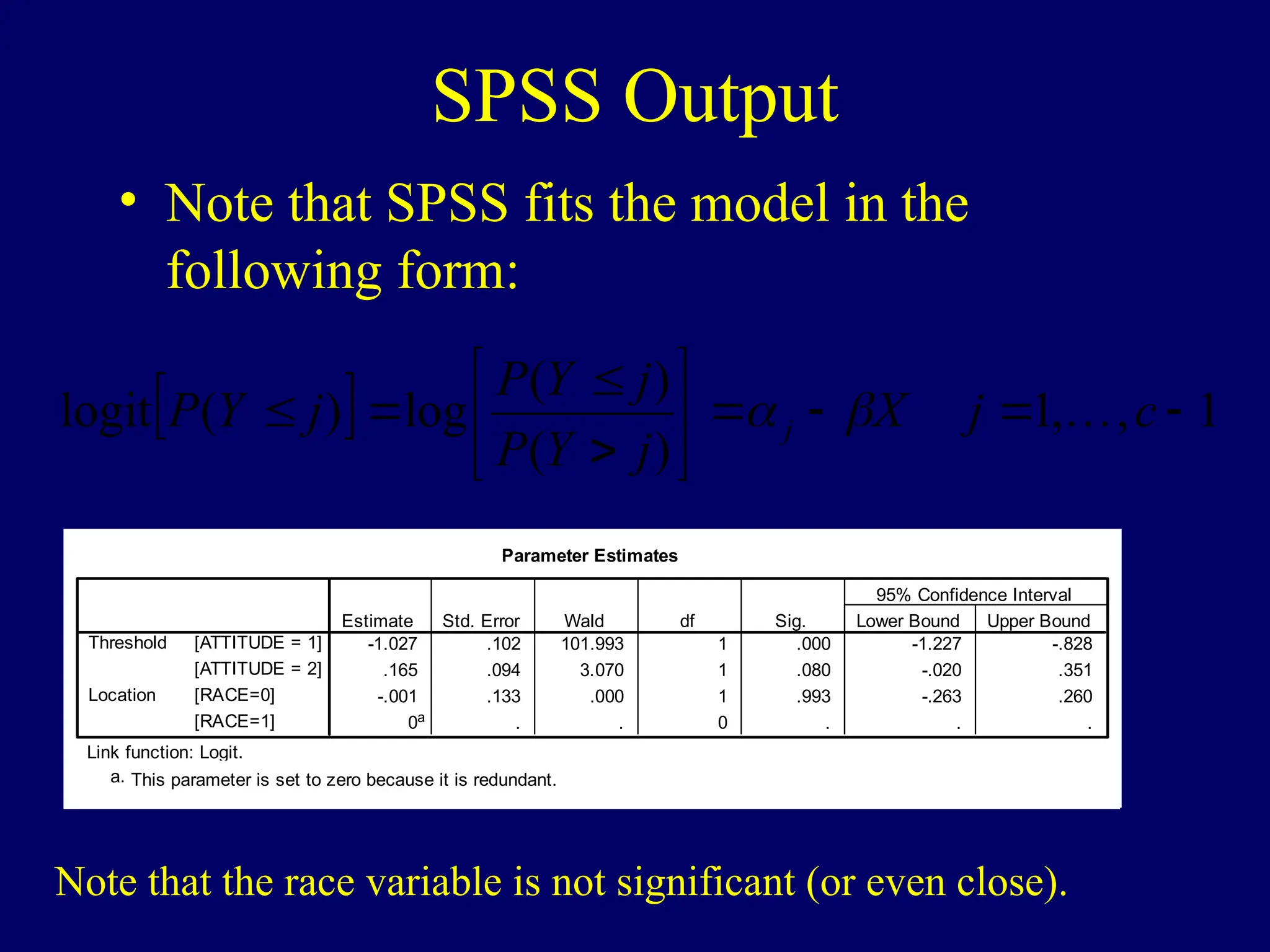 SPSS Output
• Note that SPSS fits the model in the
following form:
  1
,
,
1
)
(
)
(
log
)
(
logit 












 c
j
X
j
Y
P
j
Y
P
j
Y
P j 


Parameter Estimates
-1.027 .102 101.993 1 .000 -1.227 -.828
.165 .094 3.070 1 .080 -.020 .351
-.001 .133 .000 1 .993 -.263 .260
0a . . 0 . . .
[ATTITUDE = 1]
[ATTITUDE = 2]
Threshold
[RACE=0]
[RACE=1]
Location
Estimate Std. Error Wald df Sig. Lower Bound Upper Bound
95% Confidence Interval
Link function: Logit.
This parameter is set to zero because it is redundant.
a.
Note that the race variable is not significant (or even close).
 