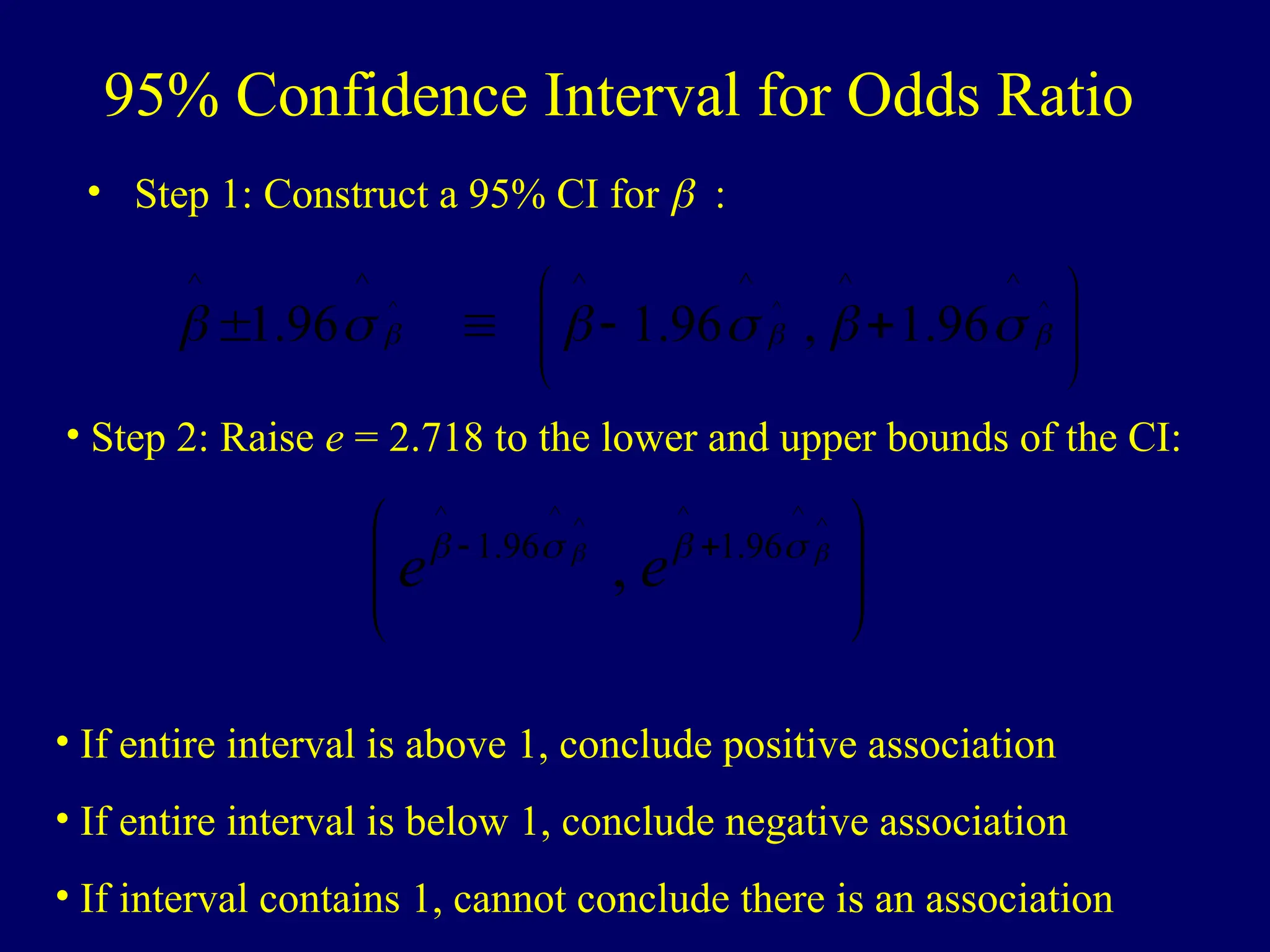95% Confidence Interval for Odds Ratio
• Step 1: Construct a 95% CI for :









 ^
^
^
^
^
^
^
^
^
96
.
1
,
96
.
1
96
.
1 

 





• Step 2: Raise e = 2.718 to the lower and upper bounds of the CI:





 

^
^
^
^
^
^
96
.
1
96
.
1
, 
 



e
e
• If entire interval is above 1, conclude positive association
• If entire interval is below 1, conclude negative association
• If interval contains 1, cannot conclude there is an association
 