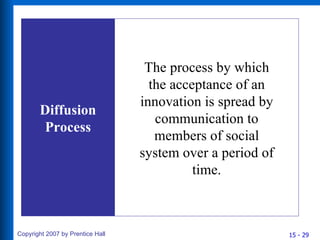 Diffusion Process The process by which the acceptance of an innovation is spread by communication to members of social system over a period of time. 