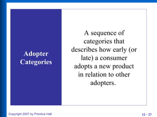 Adopter Categories A sequence of categories that describes how early (or late) a consumer adopts a new product in relation to other adopters.  