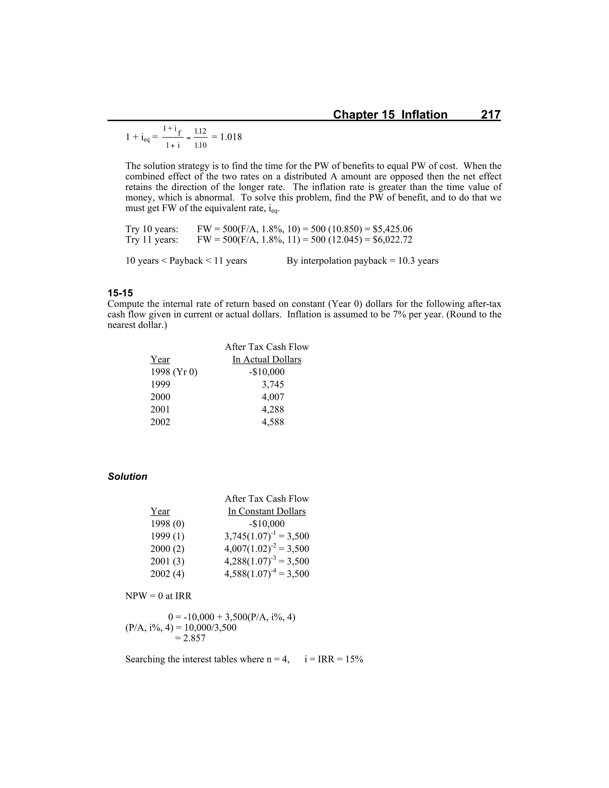 Chapter 15 Inflation 217
1 + ieq = = 1.018
The solution strategy is to find the time for the PW of benefits to equal PW of cost. When the
combined effect of the two rates on a distributed A amount are opposed then the net effect
retains the direction of the longer rate. The inflation rate is greater than the time value of
money, which is abnormal. To solve this problem, find the PW of benefit, and to do that we
must get FW of the equivalent rate, ieq.
Try 10 years: FW = 500(F/A, 1.8%, 10) = 500 (10.850) = $5,425.06
Try 11 years: FW = 500(F/A, 1.8%, 11) = 500 (12.045) = $6,022.72
10 years < Payback < 11 years By interpolation payback = 10.3 years
15-15
Compute the internal rate of return based on constant (Year 0) dollars for the following after-tax
cash flow given in current or actual dollars. Inflation is assumed to be 7% per year. (Round to the
nearest dollar.)
After Tax Cash Flow
Year In Actual Dollars
1998 (Yr 0) -$10,000
1999 3,745
2000 4,007
2001 4,288
2002 4,588
Solution
After Tax Cash Flow
Year In Constant Dollars
1998 (0) -$10,000
1999 (1) 3,745(1.07)-1
= 3,500
2000 (2) 4,007(1.02)-2
= 3,500
2001 (3) 4,288(1.07)-3
= 3,500
2002 (4) 4,588(1.07)-4
= 3,500
NPW = 0 at IRR
0 = -10,000 + 3,500(P/A, i%, 4)
(P/A, i%, 4) = 10,000/3,500
= 2.857
Searching the interest tables where n = 4, i = IRR = 15%
 