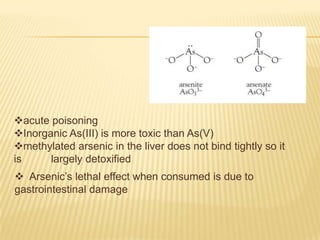 acute poisoning
Inorganic As(III) is more toxic than As(V)
methylated arsenic in the liver does not bind tightly so it
is
largely detoxified
 Arsenic’s lethal effect when consumed is due to
gastrointestinal damage

 