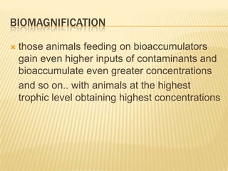BIOMAGNIFICATION


those animals feeding on bioaccumulators
gain even higher inputs of contaminants and
bioaccumulate even greater concentrations
and so on.. with animals at the highest
trophic level obtaining highest concentrations

 