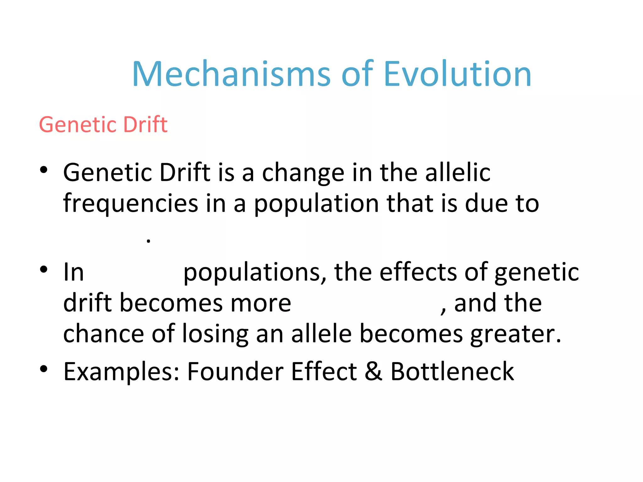 • Genetic Drift is a change in the allelic
frequencies in a population that is due to
chance.
• In smaller populations, the effects of genetic
drift becomes more pronounced, and the
chance of losing an allele becomes greater.
• Examples: Founder Effect & Bottleneck
Mechanisms of Evolution
Genetic Drift
 