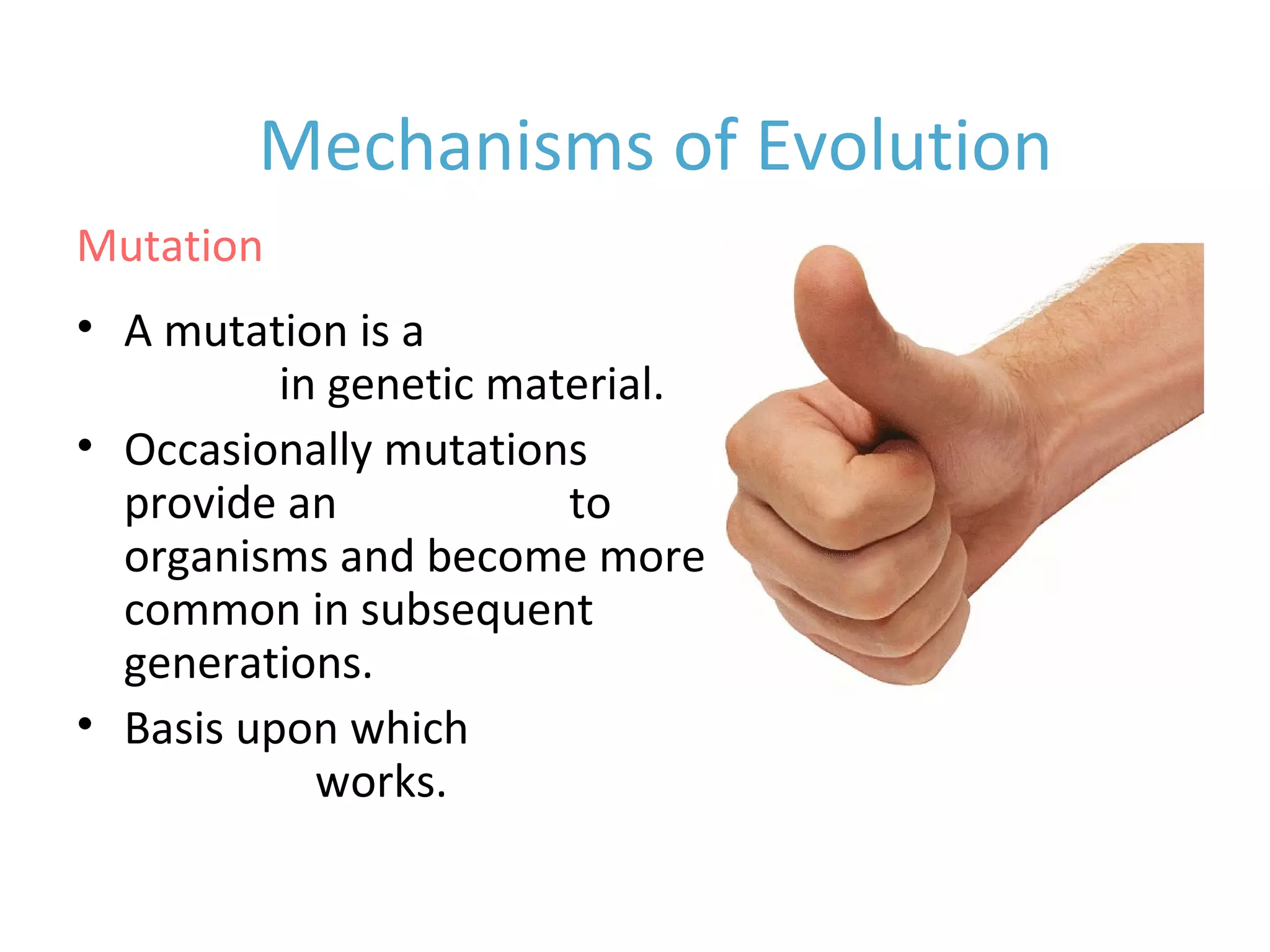 • A mutation is a random
change in genetic material.
• Occasionally mutations
provide an advantage to
organisms and become more
common in subsequent
generations.
• Basis upon which natural
selection works.
Mechanisms of Evolution
Mutation
 