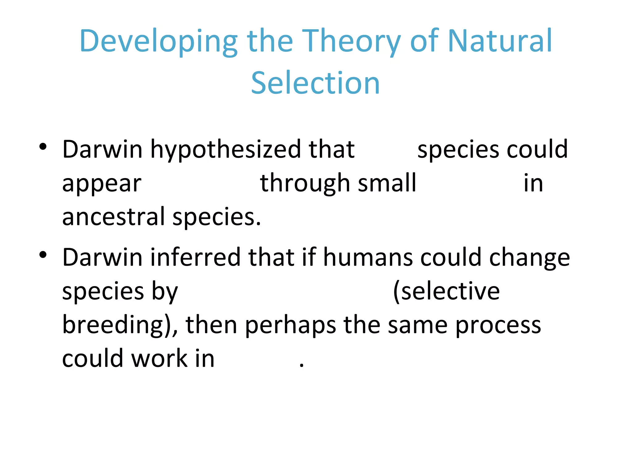 Developing the Theory of Natural
Selection
• Darwin hypothesized that new species could
appear gradually through small changes in
ancestral species.
• Darwin inferred that if humans could change
species by artificial selection (selective
breeding), then perhaps the same process
could work in nature.
 