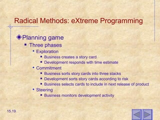 Radical Methods: eXtreme Programming
Planning game
 Three phases
 Exploration
 Business creates a story card
 Development responds with time estimate
 Commitment
 Business sorts story cards into three stacks
 Development sorts story cards according to risk
 Business selects cards to include in next release of product
 Steering
 Business monitors development activity
15.19
 
