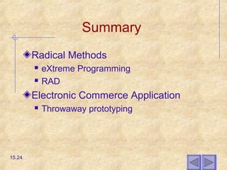 Summary
Radical Methods
 eXtreme Programming
 RAD
Electronic Commerce Application
 Throwaway prototyping
15.24
 