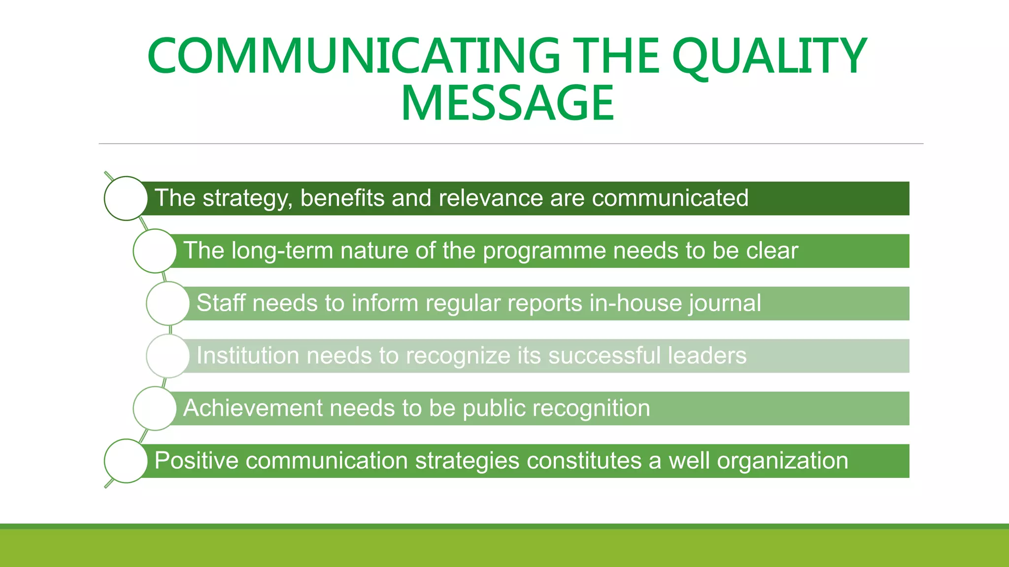COMMUNICATING THE QUALITY
MESSAGE
The strategy, benefits and relevance are communicated
The long-term nature of the programme needs to be clear
Staff needs to inform regular reports in-house journal
Institution needs to recognize its successful leaders
Achievement needs to be public recognition
Positive communication strategies constitutes a well organization
 