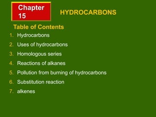 Chapter
15
HYDROCARBONS
1. Hydrocarbons
2. Uses of hydrocarbons
3. Homologous series
4. Reactions of alkanes
5. Pollution from burning of hydrocarbons
6. Substitution reaction
7. alkenes
Table of Contents
 