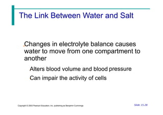 Changes in electrolyte balance causes
water to move from one compartment to
another
Alters blood volume and blood
Can impair the activity of cells
pressure
Slide 15.28
Copyright © 2003 Pearson Education, Inc. publishing as Benjamin Cummings
The Link Between Water and Salt
 