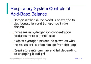 Acid-Base Balance
Carbon dioxide in the blood is converted to
bicarbonate ion and transported in the
plasma
Increases in hydrogen ion concentration
produces more carbonic acid
Excess hydrogen ion can be blown off with
the release of carbon dioxide from the lungs
Respiratory rate can rise and fall depending
on changing blood pH
Slide 15.36
Copyright © 2003 Pearson Education, Inc. publishing as Benjamin Cummings
Respiratory System Controls of
 