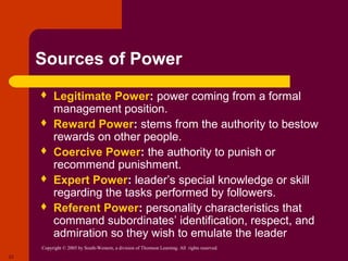 Sources of Power
         Legitimate Power: power coming from a formal
          management position.
         Reward Power: stems from the authority to bestow
          rewards on other people.
         Coercive Power: the authority to punish or
          recommend punishment.
         Expert Power: leader’s special knowledge or skill
          regarding the tasks performed by followers.
         Referent Power: personality characteristics that
          command subordinates’ identification, respect, and
          admiration so they wish to emulate the leader
     Copyright © 2005 by South-Western, a division of Thomson Learning. All rights reserved.
23
 