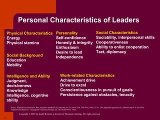 Personal Characteristics of Leaders
    Physical Characteristics Personality                                                                                Social Characteristics
    Energy                   Self-confidence                                                                            Sociability, interpersonal skills
    Physical stamina         Honesty & integrity                                                                        Cooperativeness
                             Enthusiasm                                                                                 Ability to enlist cooperation
                             Desire to lead                                                                             Tact, diplomacy
    Social Background        Independence
    Education
    Mobility

    Intelligence and Ability                                            Work-related Characteristics
    Judgment,                                                           Achievement drive
    decisiveness                                                        Drive to excel
    Knowledge                                                           Conscientiousness in pursuit of goals
    Intelligence, cognitive                                             Persistence against obstacles, tenacity
    ability
      Source: Adapted from Bernard M. Bass, Stogdill’s Handbook of Leadership, rev. Ed. (New York: Free Press, 1981), 75-76. This adaptation appeared in R. Albanese and D. D. Van Fleet,
      Organizational Behavior: A managerial Viewpoint (Hinsdale, III.: The Dryden Press, 1983).

                 Copyright © 2005 by South-Western, a division of Thomson Learning. All rights reserved.
8
 