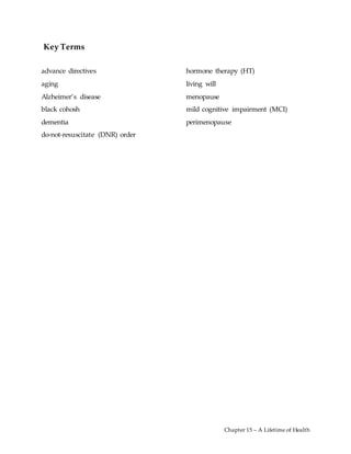 Chapter 15 – A Lifetime of Health
Key Terms
advance directives
aging
Alzheimer’s disease
black cohosh
dementia
do-not-resuscitate (DNR) order
hormone therapy (HT)
living will
menopause
mild cognitive impairment (MCI)
perimenopause
 