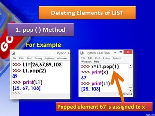 Deleting Elements of LIST
1. pop ( ) Method
For Example:
Popped element 67 is assigned to x
 