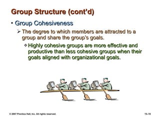 Group Structure (cont’d) Group Cohesiveness The degree to which members are attracted to a group and share the group’s goals. Highly cohesive groups are more effective and productive than less cohesive groups when their goals aligned with organizational goals. 