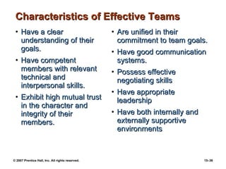 Characteristics of Effective Teams Have a clear understanding of their goals. Have competent members with relevant technical and interpersonal skills. Exhibit high mutual trust in the character and integrity of their  members. Are unified in their commitment to team goals. Have good communication systems. Possess effective negotiating skills Have appropriate leadership Have both internally and externally supportive environments 