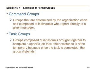 Exhibit 15–1 Examples of Formal Groups Command Groups Groups that are determined by the organization chart and composed of individuals who report directly to a given manager. Task Groups Groups composed of individuals brought together to complete a specific job task; their existence is often temporary because once the task is completed, the group disbands.  