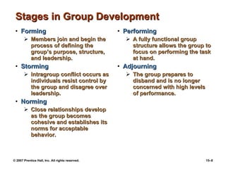 Stages in Group Development Forming Members join and begin the process of defining the group’s purpose, structure, and leadership. Storming Intragroup conflict occurs as individuals resist control by the group and disagree over leadership. Norming Close relationships develop as the group becomes cohesive and establishes its norms for acceptable behavior. Performing A fully functional group structure allows the group to focus on performing the task at hand. Adjourning The group prepares to disband and is no longer concerned with high levels of performance. 