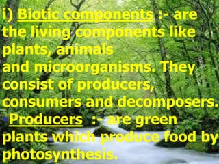 i) Biotic components :- are
the living components like
plants, animals
and microorganisms. They
consist of producers,
consumers and decomposers.
Producers :- are green
plants which produce food by
photosynthesis.
 